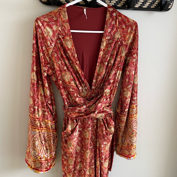 Free People Harper Wide Leg Velvet Jumpsuit - Red Paisley - Size Extra Small XS - Picture 13 of 16